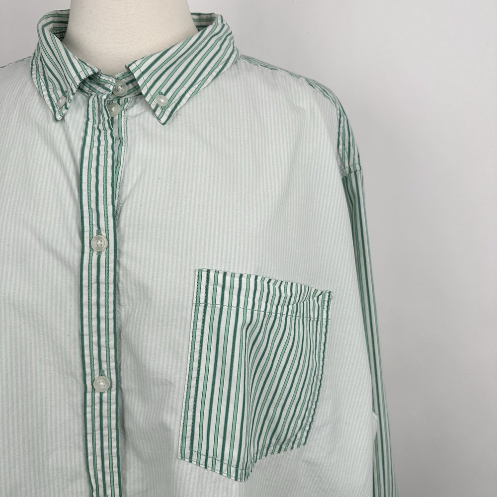 American Eagle Oversize Button Down Shirt Green White Contrast Stripe XXL Cotton - Picture 5 of 13